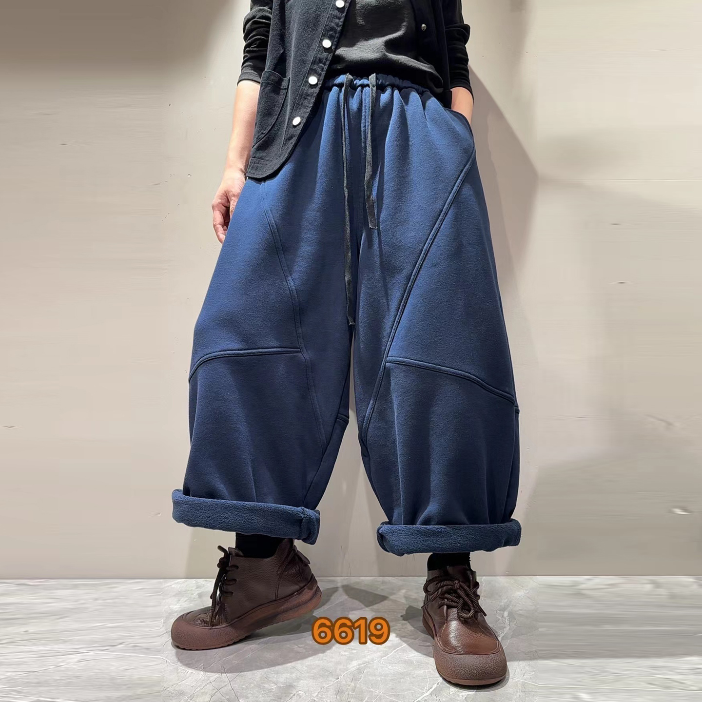 欧货复古加绒针织棉卫裤女宽松大码长裤洋气妈妈休闲裤纯色老爹裤 - 图0