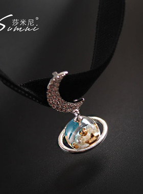 星球18K包金星星月黑色绒布颈项带链chocker圈个性时尚可爱气质女