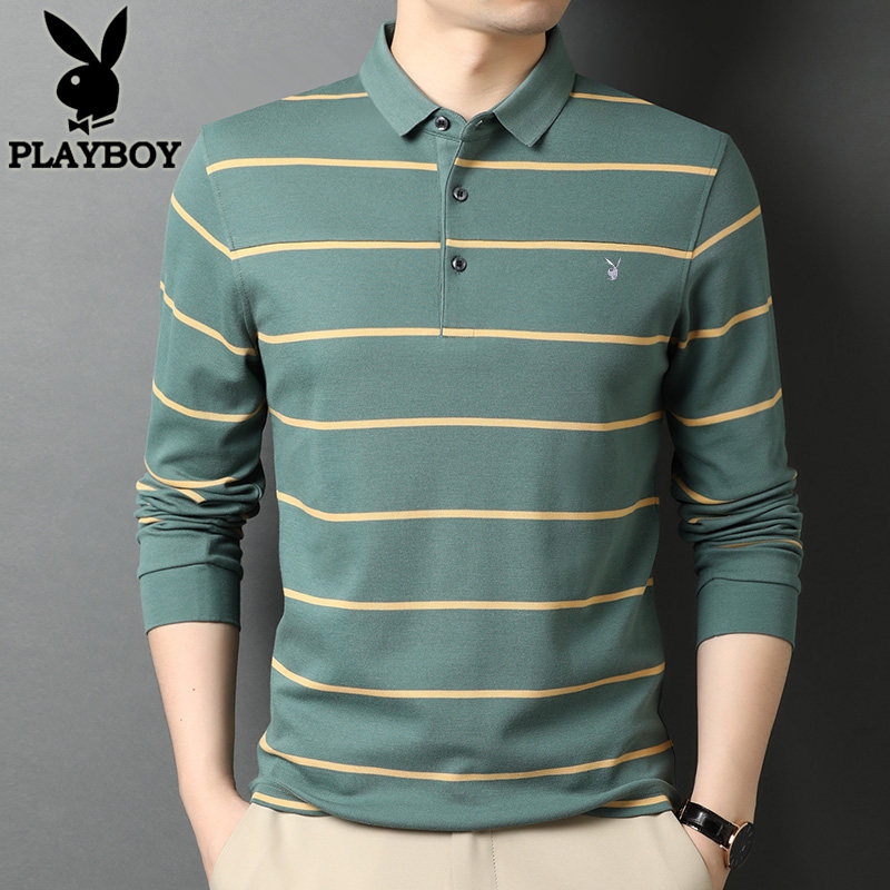 花花公子条纹长袖纯棉秋冬polo衫 家缘服饰T恤