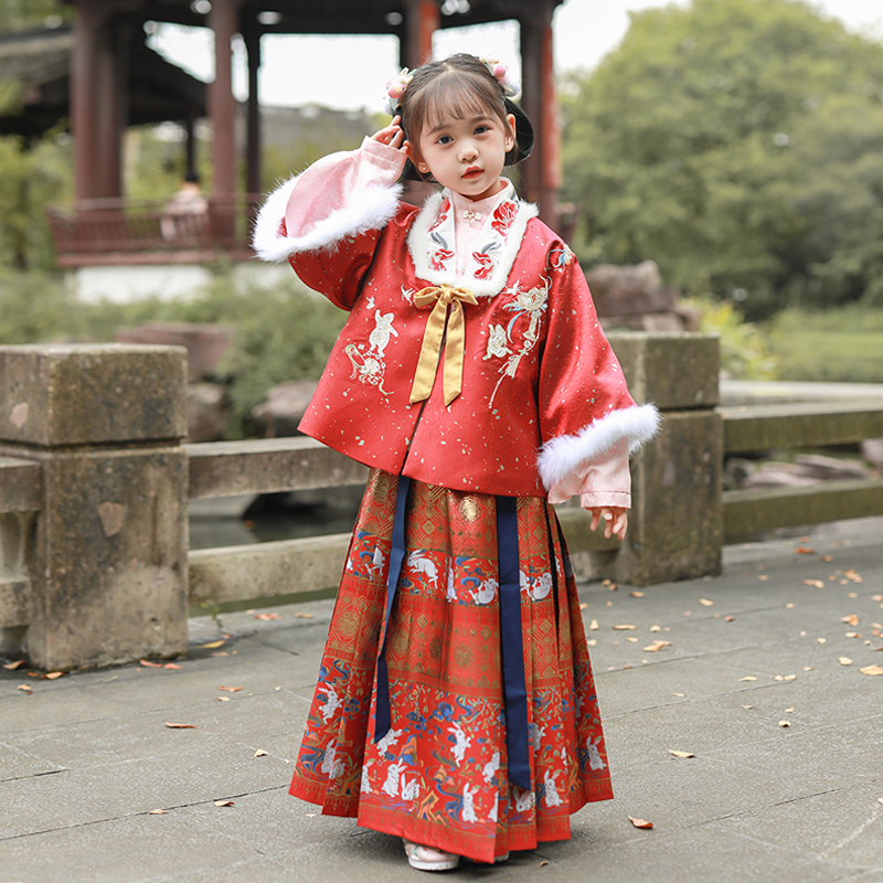 本格原创儿童汉服女童装中国风改良明制半袖披袄套装秋冬新品-图0