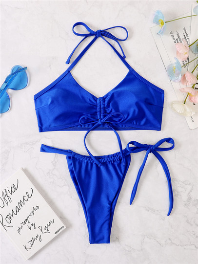 Сексуальный женский раздельный купальник бикини с искусственным шнурком и воротником-хомутом