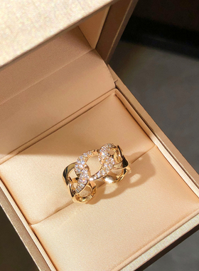 甜酷风古巴链条微镶戒指简约