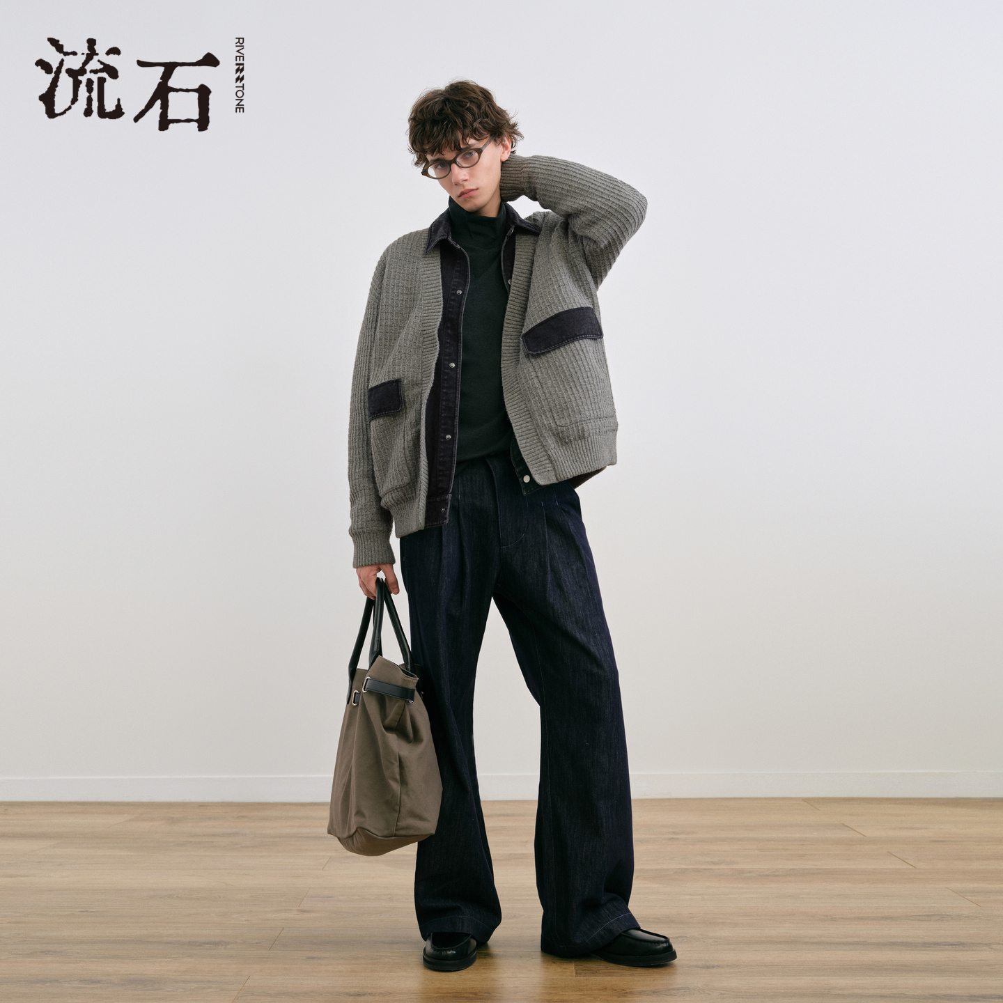 流石男装牛仔针织假两件多元拼接羽绒服2025年冬季男士设计外套潮 - 图1