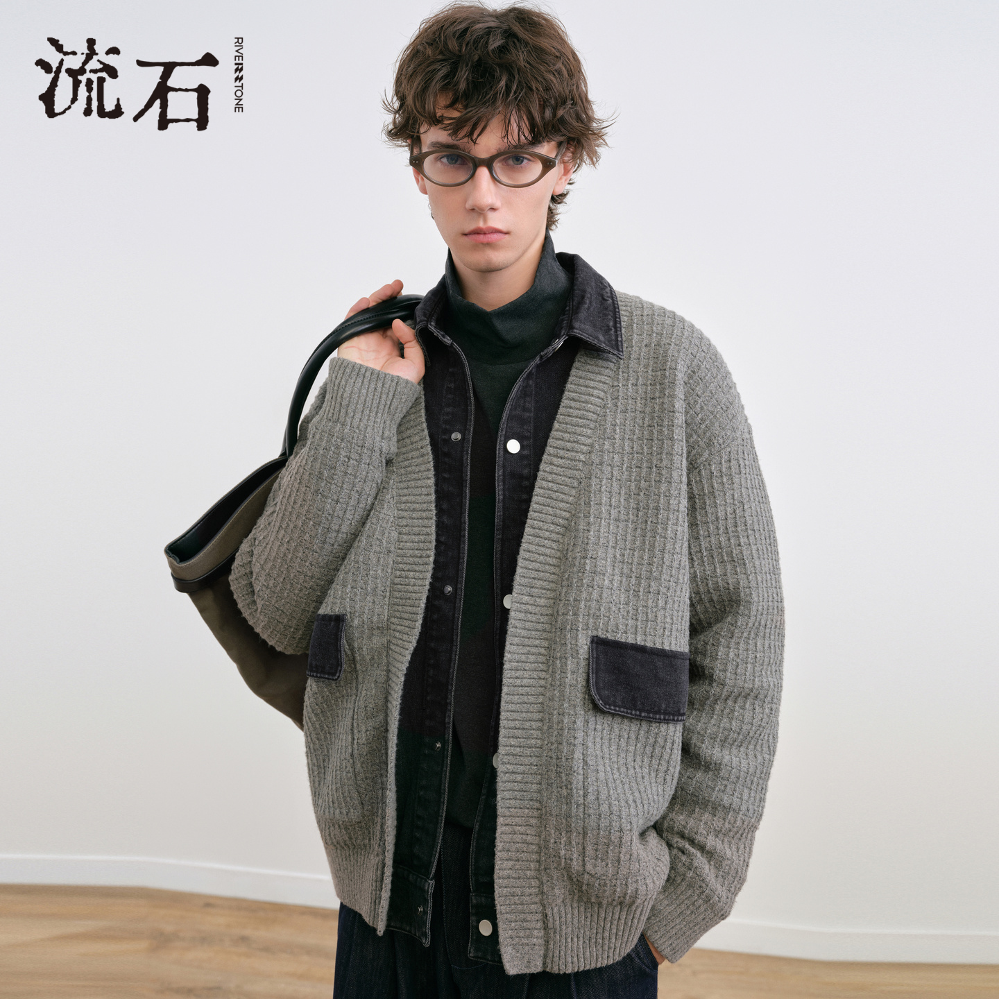 流石男装牛仔针织假两件多元拼接羽绒服2025年冬季男士设计外套潮 - 图0