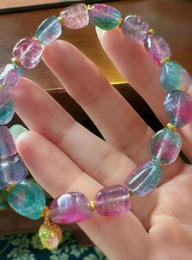 魅晶天然水晶晶体通透多色交织紫西瓜碧玺原石手链