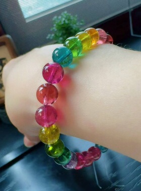 魅晶天然水晶晶体通透荧光艳丽色标彩虹碧玺手链