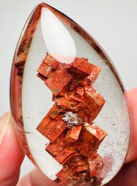 魅晶天然水晶晶体通透水晶内包红色方解石吊坠