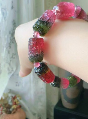 魅晶天然水晶晶体通透稀缺底料精雕碧玺回纹手链