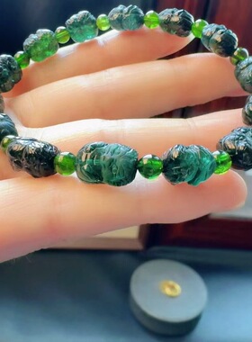 魅晶天然水晶晶体通透浓郁纯正蓝绿碧玺雕刻龙宝手链
