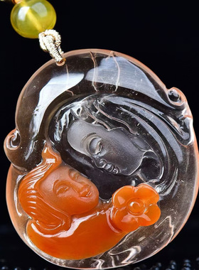 魅晶天然水晶晶体通透红水晶红兔毛俏色母子情深吊坠