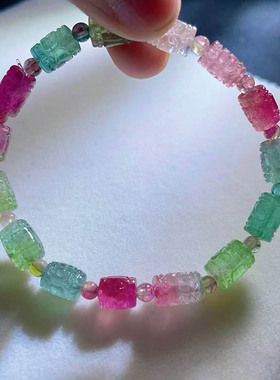 魅晶天然水晶晶体通透西瓜双色回纹珠碧玺手链