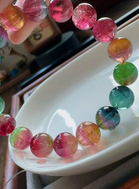 魅晶天然水晶晶体通透塔尖艳彩西瓜碧玺手链