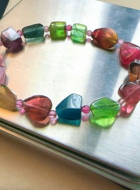 魅晶天然水晶晶体通透清新自然粉绿色调碧玺原石手链