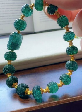 魅晶天然水晶晶体通透精雕细琢蓝绿碧玺回纹手链