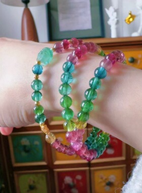 魅晶天然水晶晶体通透彩虹纯净玻璃体碧玺多圈手链