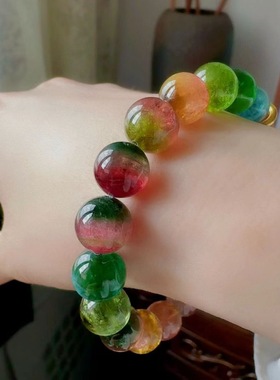 魅晶天然水晶晶体通透仙黄色带绿调西瓜碧玺手链