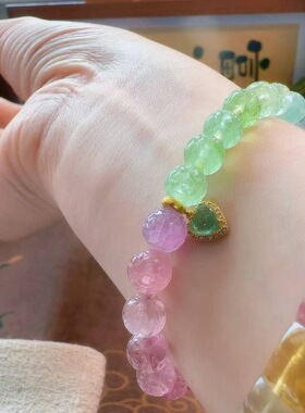 魅晶天然水晶晶体通透雕刻回纹碧玺手链