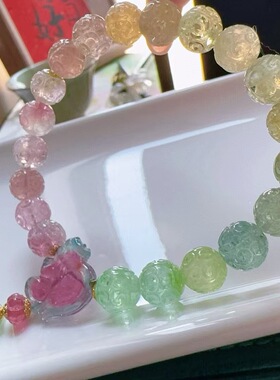 魅晶天然水晶晶体通透圆珠回纹碧玺手链