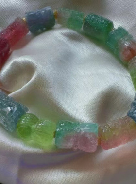 魅晶天然水晶晶体通透带哦可西瓜莲花回纹珠手链