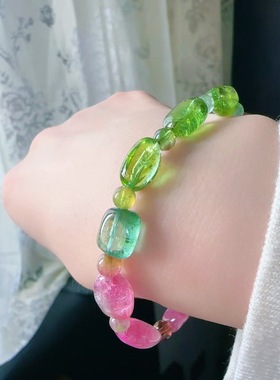 魅晶天然水晶晶体通透粉绿色西瓜原石手链