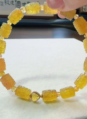 魅晶天然水晶晶体通透稀缺金丝雀碧玺回纹手链