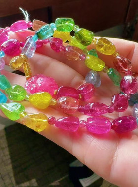 魅晶天然水晶晶体通透绚丽荧光色标碧玺原石多圈手链