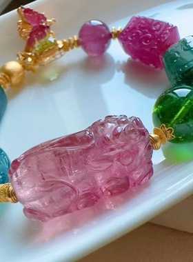 魅晶天然水晶晶体通透回纹珠碧玺手链