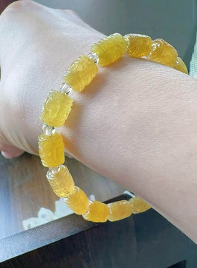 魅晶天然水晶晶体通透金丝雀碧玺回纹雕刻手链