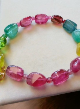 魅晶天然水晶晶体通透绚丽荧光色标碧玺原石手链