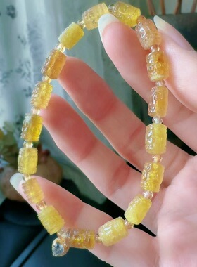 魅晶天然水晶晶体通透金丝雀碧玺回纹雕刻手链