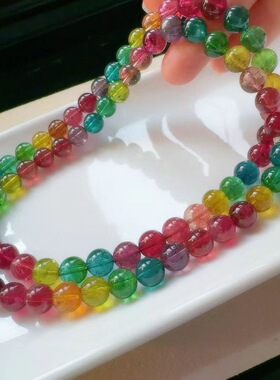 魅晶天然水晶晶体通透塔尖纯正荧光色标料多圈碧玺佛珠手链