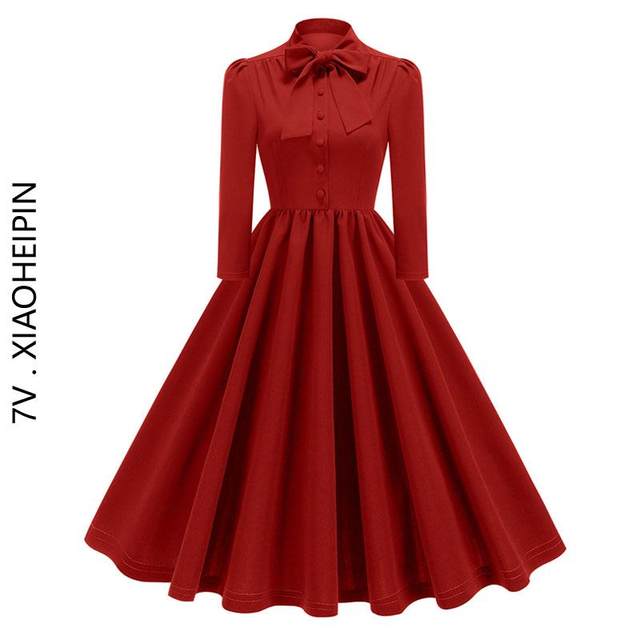 Autumn women's French elegant retro western style bow tie slimming three-quarter sleeves long skirt dress