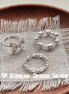 蝴蝶结粉钻s925纯银戒指ins小众轻奢少女心甜美粉色爱心开口指环