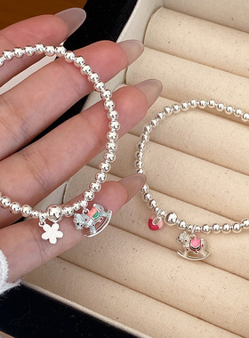 S925纯银珐琅木马银珠手链女甜美可爱多巴胺彩色手饰马年生肖手串