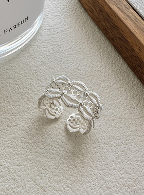 S925纯银镂空蕾丝花边小众戒指女布宫廷风百搭气质法式开口食指戒