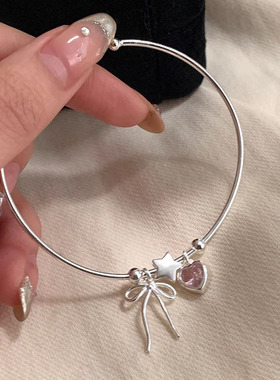 s925纯银蝴蝶结粉钻爱心手镯女 财阀千金ins风甜美轻奢高级感手环