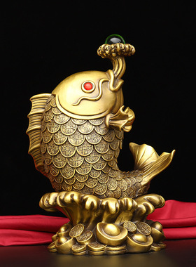 纯铜龙鱼鲤鱼摆件金钱元宝鱼黄金袋鱼金鱼年年有余客厅桌面装饰品