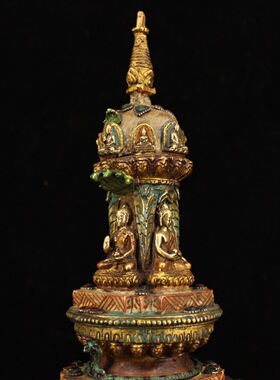 古玩仿古尼泊尔工艺手工纯铜彩绘镶宝石彩绘佛塔收藏家居装饰摆件