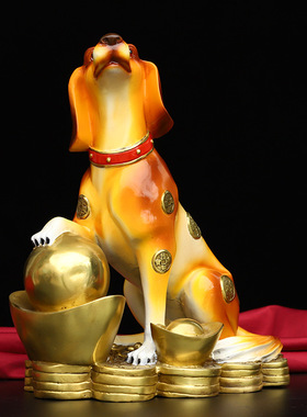 纯铜彩绘狗黄金袋吉祥如意黄铜生肖狗福字狗客厅玄关工艺礼品摆件