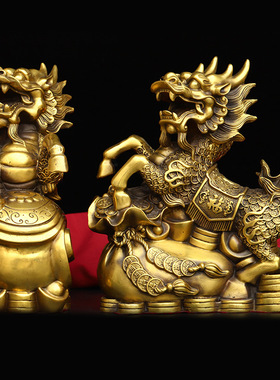 纯铜麒麟摆件铜麒麟一对吉祥如意金钱麒麟飞天麒麟家居饰品办公室