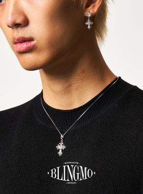 BLINGMO S925纯银鸢尾花十字架镶钻项链男女复古大十字架毛衣链