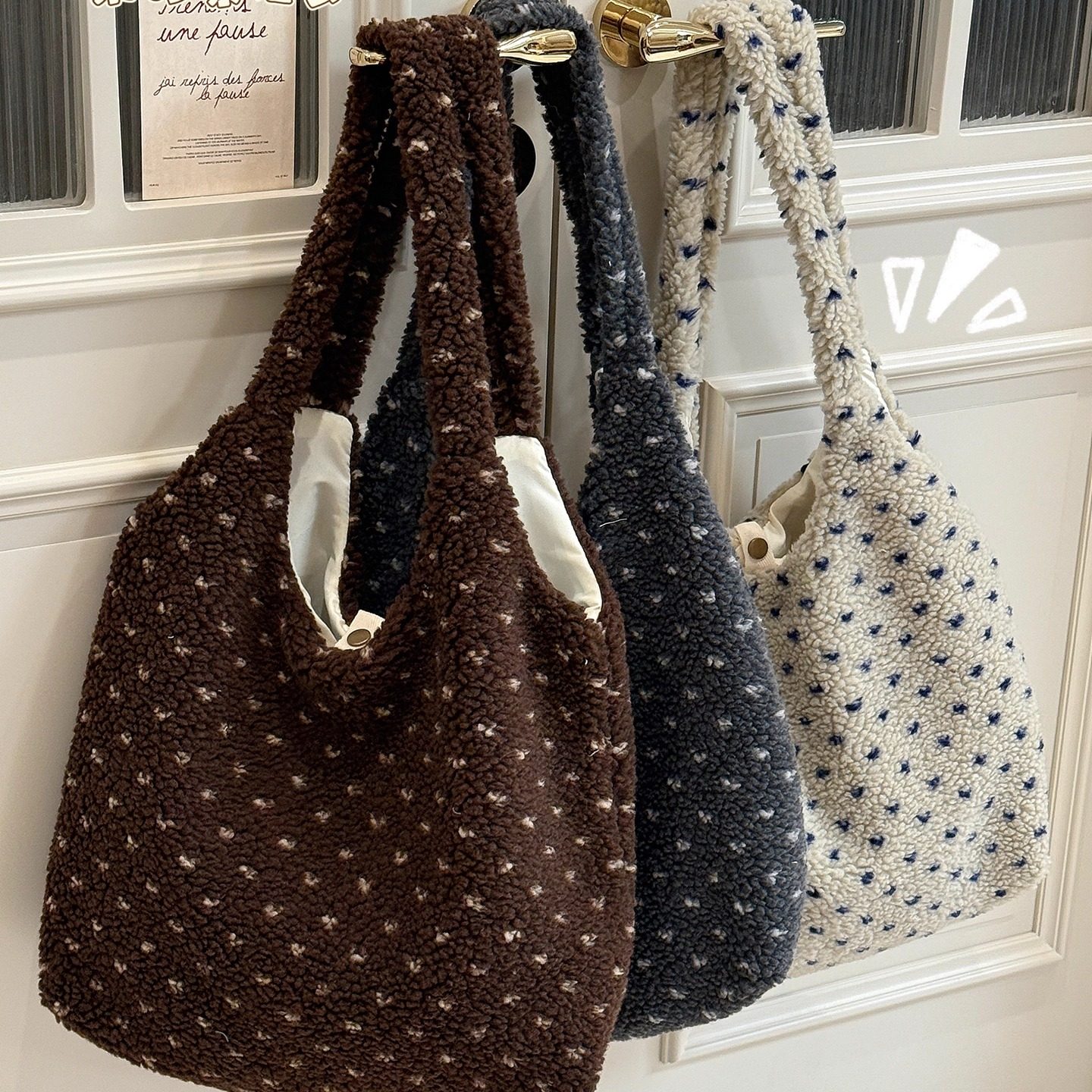 复古毛呢波点托特包女慵懒风大容量休闲通勤单肩包学生上课手提包,淘宝优惠券,粉丝福利购,淘宝优惠卷