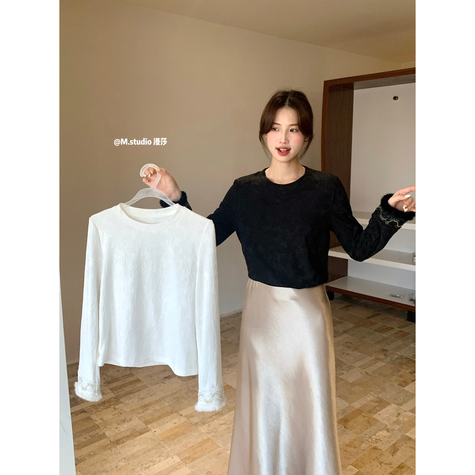 MSTUDIO漫莎-穿珠刺绣拼毛袖口磨毛加厚钩花国风新中式百搭打底衫,淘宝优惠券,粉丝福利购,淘宝优惠卷