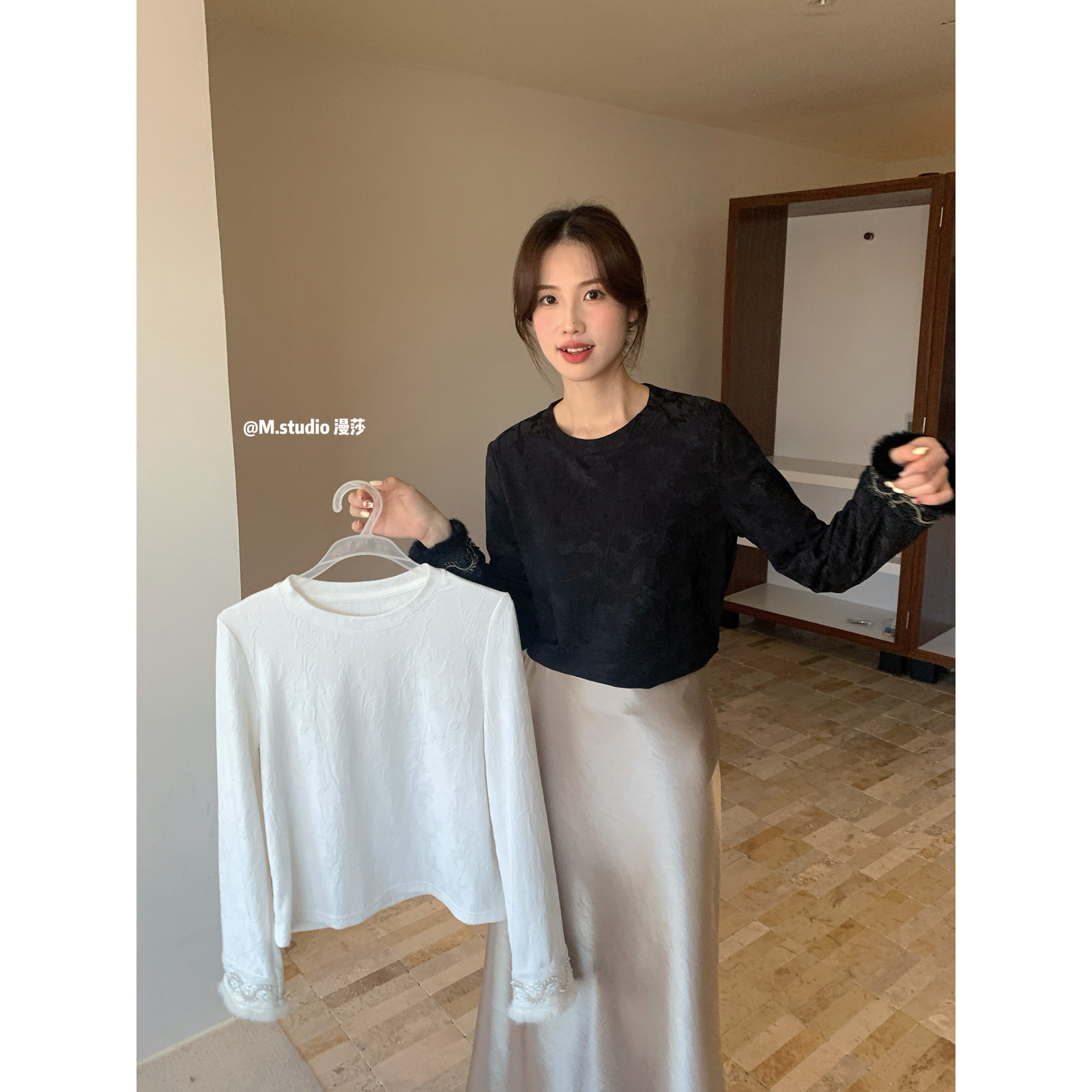 MSTUDIO漫莎-穿珠刺绣拼毛袖口磨毛加厚钩花国风新中式百搭打底衫,淘宝优惠券,粉丝福利购,淘宝优惠卷