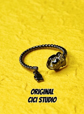 CICISTUDIO小众精工枪黑色猫咪戒指女小猫钓鱼甜酷个性朋克开口戒