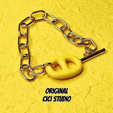 CICI STUDIO高保色链精工滴釉黄色猪鼻子手链女ins甜酷多巴胺手饰