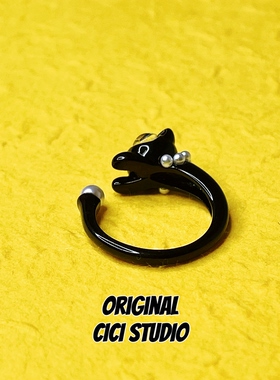 CICI STUDIO小众精工珍珠猫咪黑猫戒指女甜酷可爱个性朋克开口戒