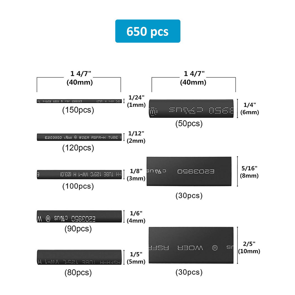 650pcs阻燃热缩套管电线保护套绝缘热缩管盒装黑色热缩管套装 - 图0