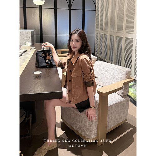 三喜threec “巴塞知秋”100%亚麻拼皮亚麻复古老钱夹克外套女秋 - 图0