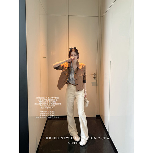 三喜threec “巴塞知秋”100%亚麻拼皮亚麻复古老钱夹克外套女秋 - 图1